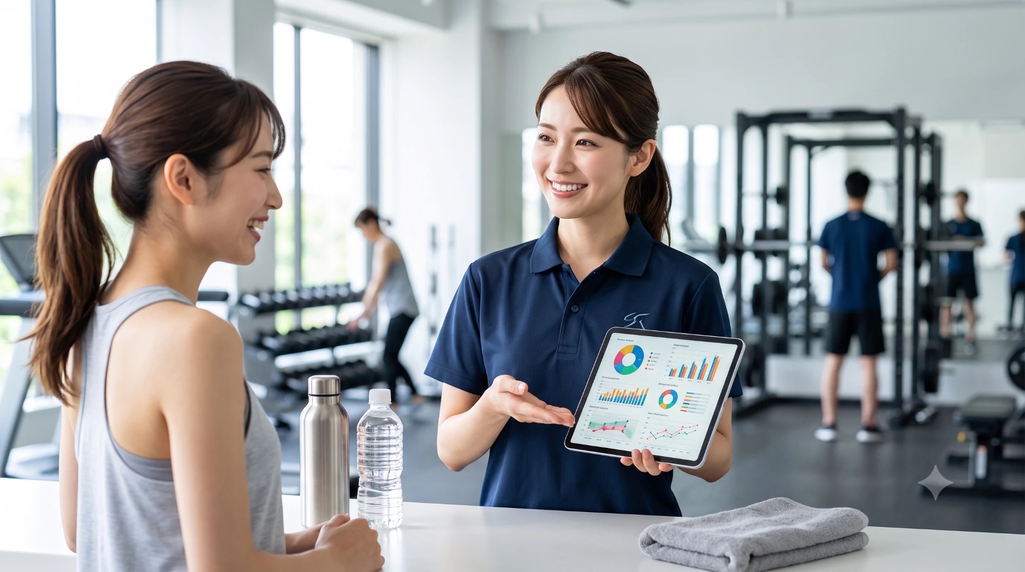 フィットネスクラブでタブレットを持つスタッフ